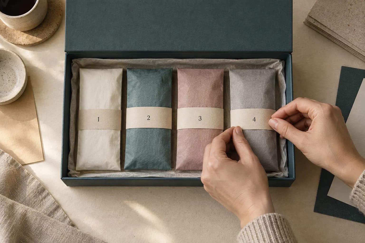 Eine geöffnete Box mit vier versiegelten, nummerierten Päckchen.